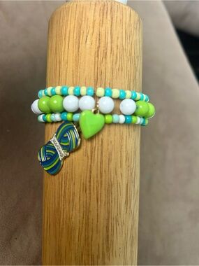 Beaded Wrap Bracelet with Green Heart Charm and yarn snob charm